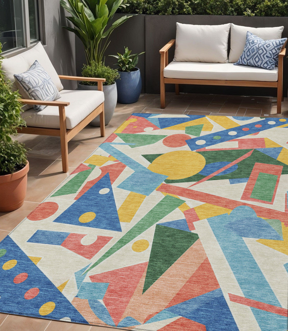 5' X 8' Blue Yellow Coral And Green Geometric Washable Indoor Outdoor Area Rug