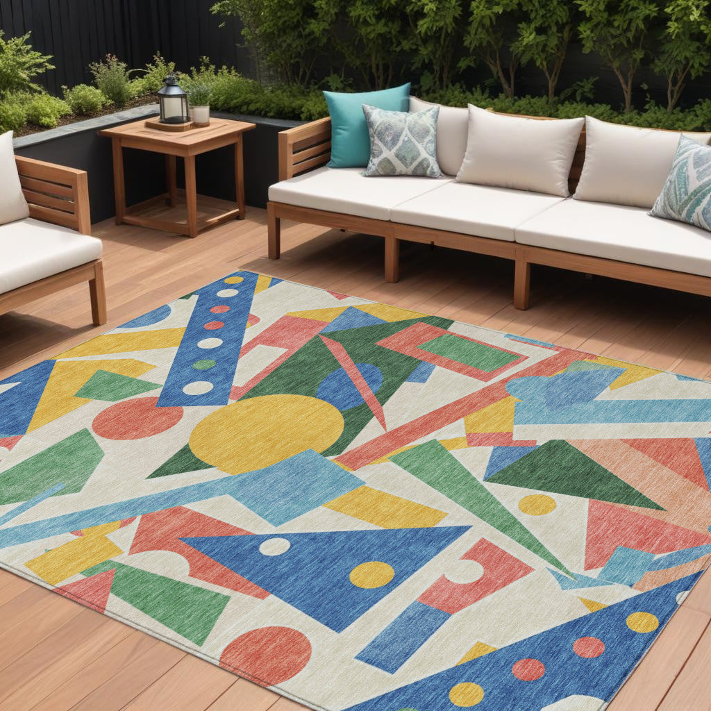 10' X 14' Blue Yellow Coral And Green Geometric Washable Indoor Outdoor Area Rug