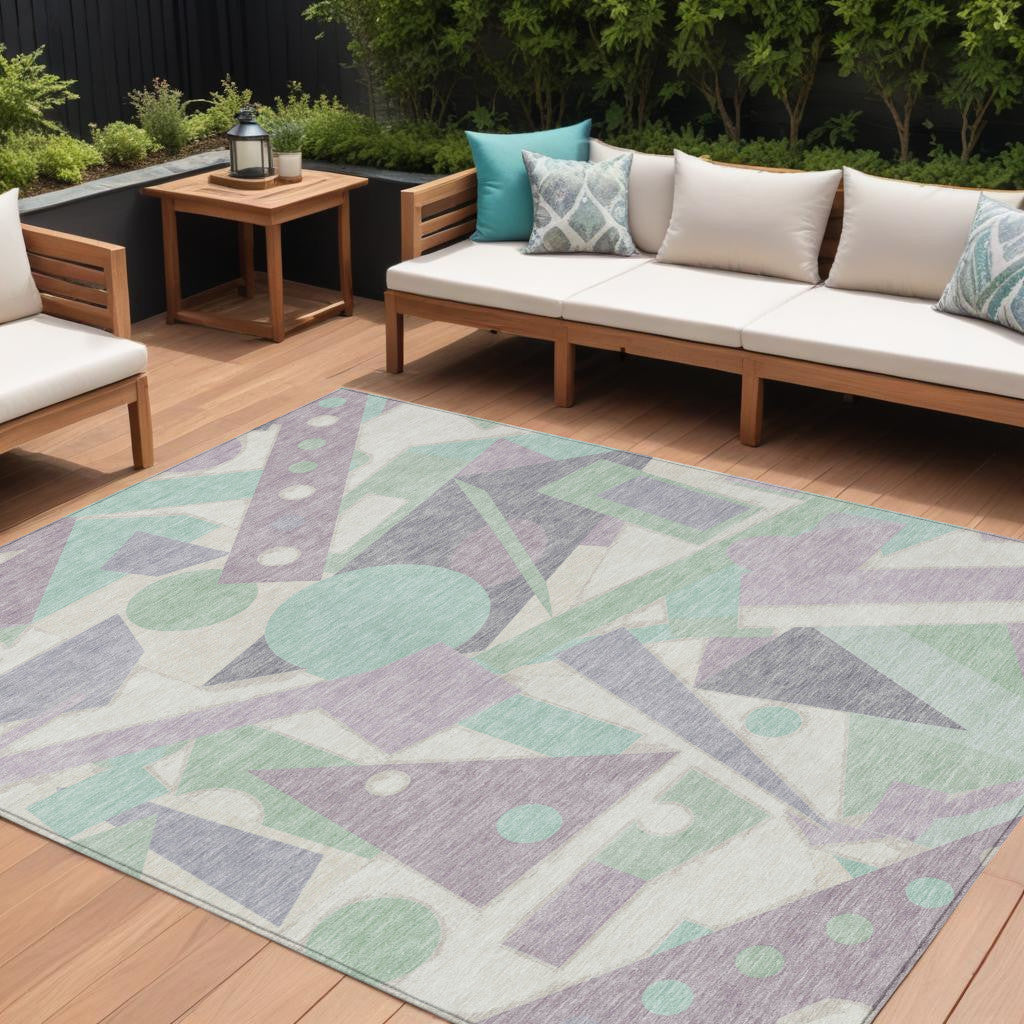 9' X 12' Lilac Lavender Mint Green And Ivory Geometric Washable Indoor Outdoor Area Rug
