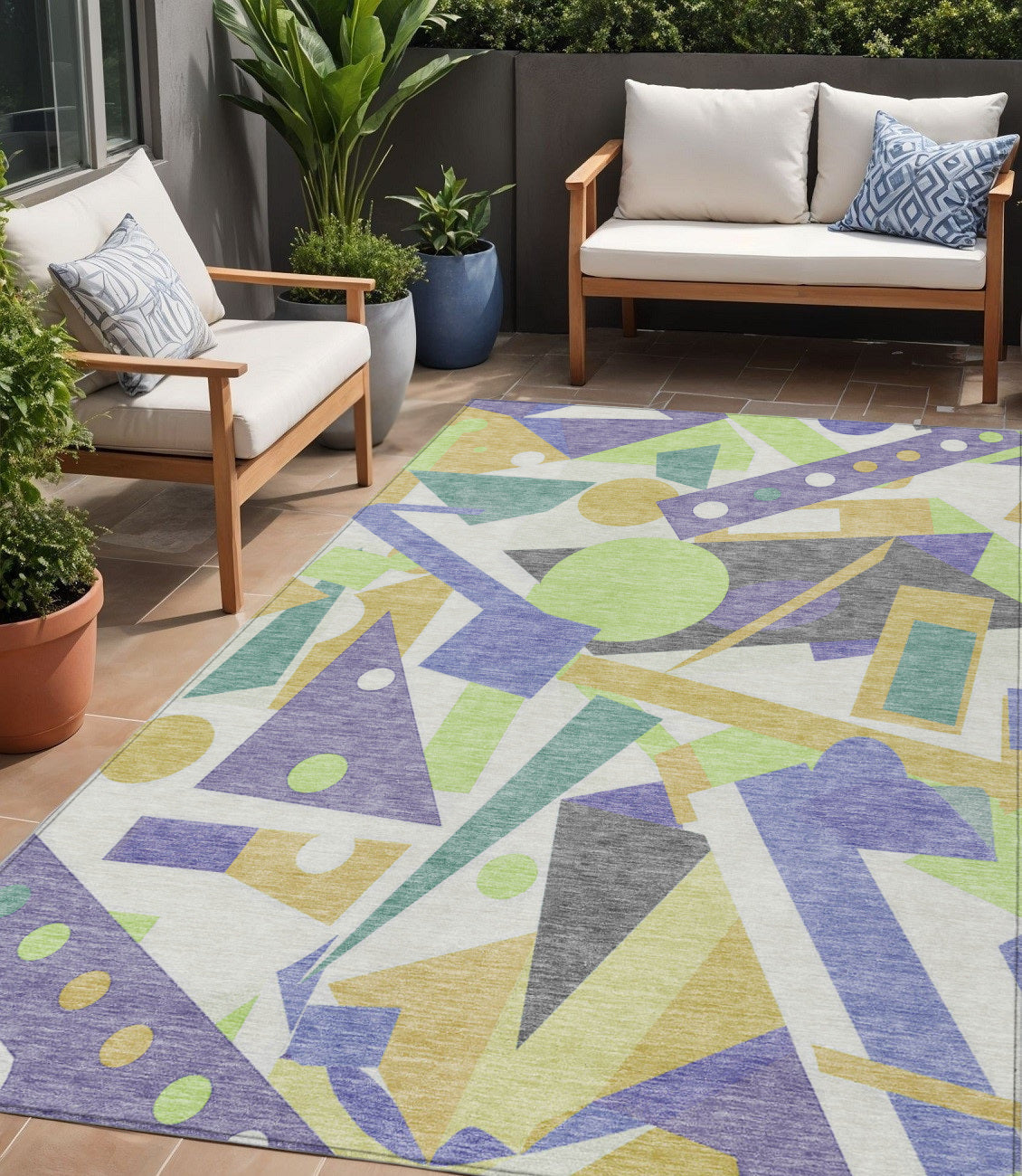 5' X 8' Lavender Gold Lime Green And Ivory Geometric Washable Indoor Outdoor Area Rug
