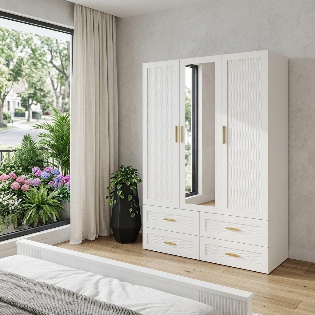 75 White Ribbed Texture Wood Mirrored Three Door Four Drawer Combo Dresser