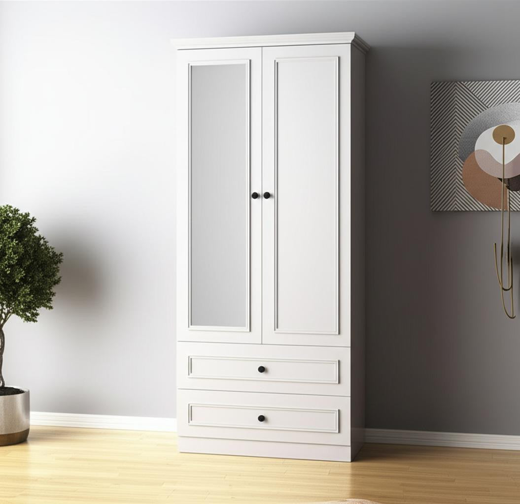 71 White Wood Mirrored Two Door Two Drawer Combo Dresser