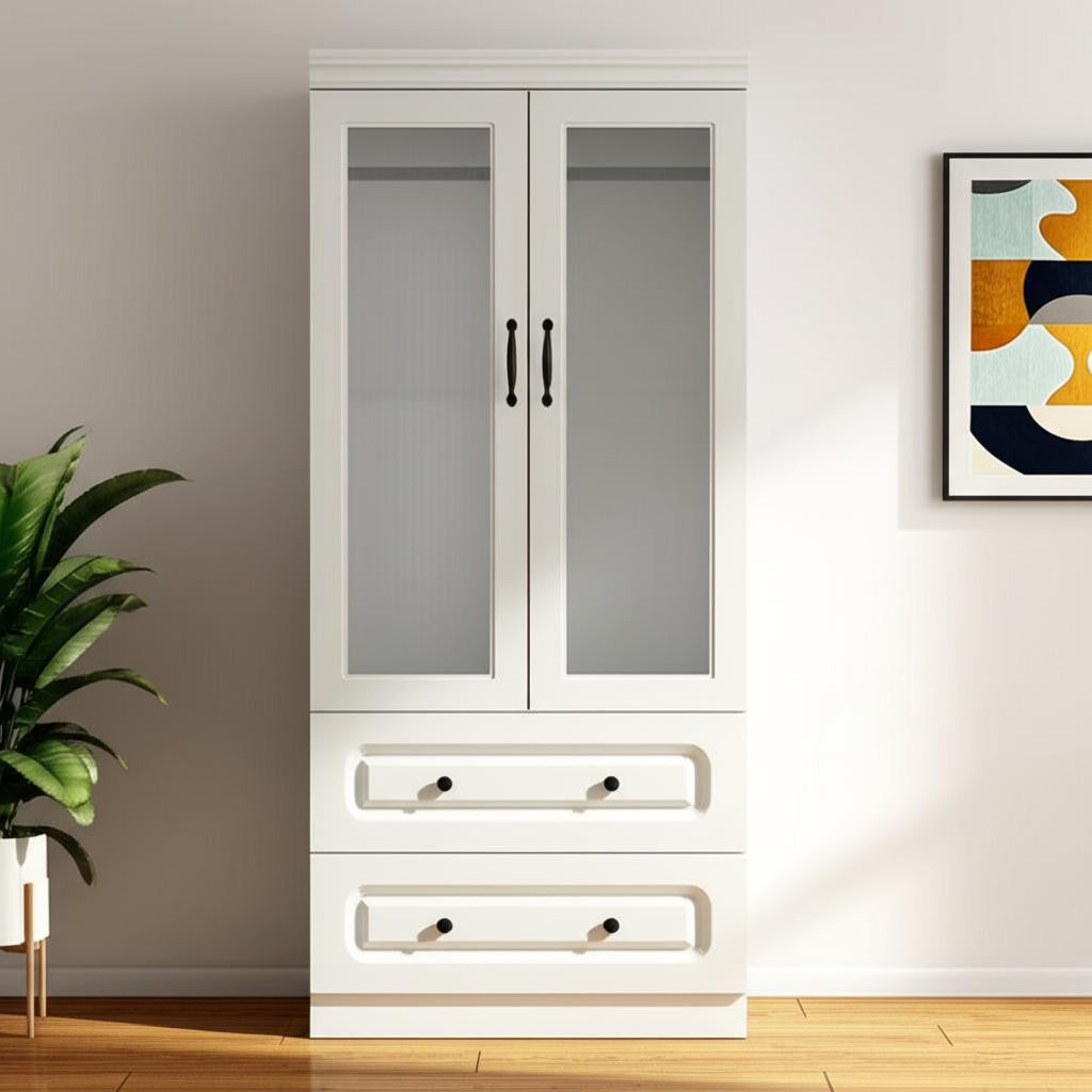 71 White Wood Two Door Two Drawer Combo Dresser