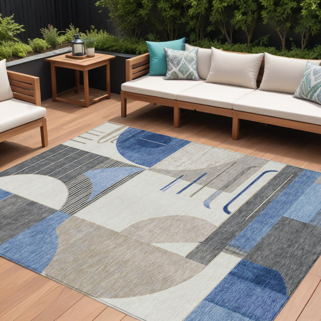 10' X 14' Blue Gray And Ivory Geometric Washable Indoor Outdoor Area Rug