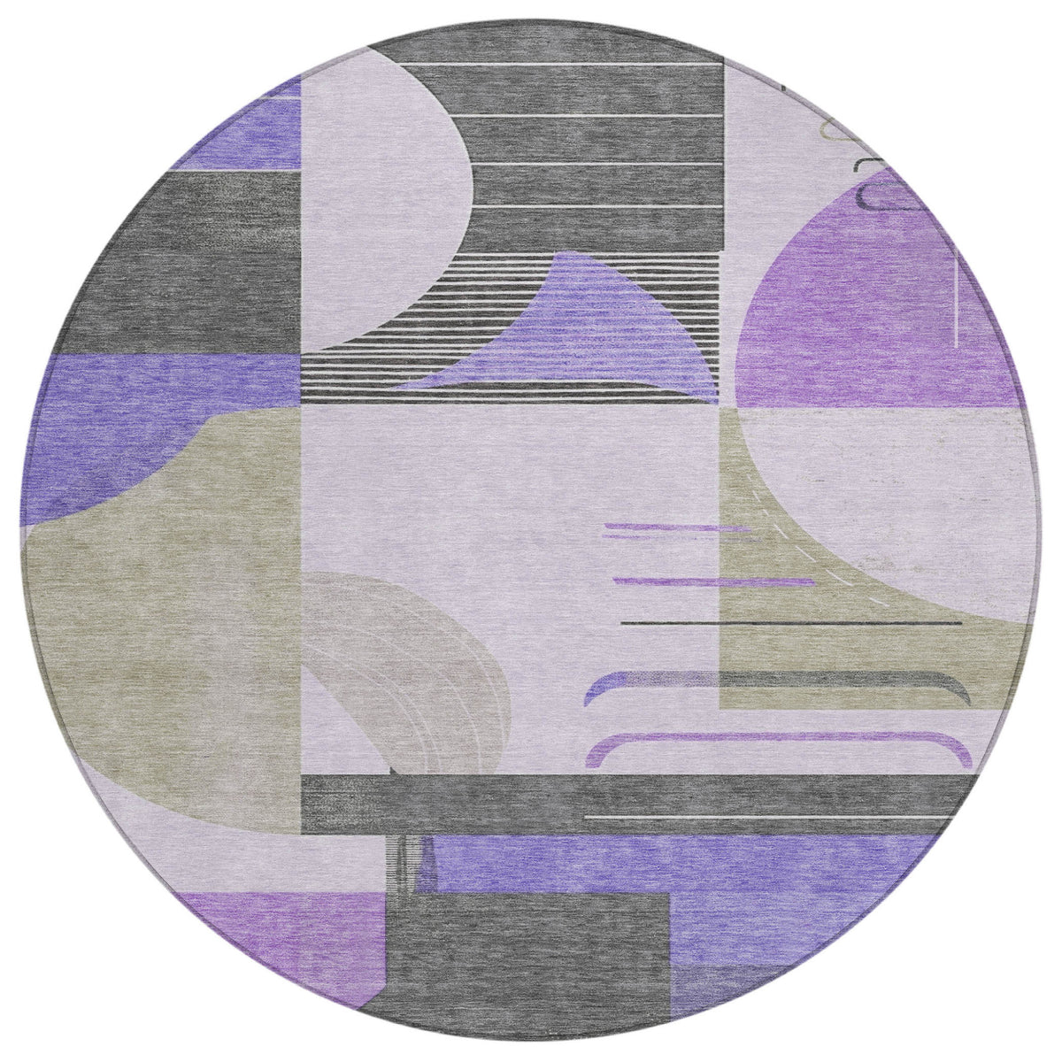 8' Lavender Gray And Silver Round Geometric Washable Indoor Outdoor Area Rug