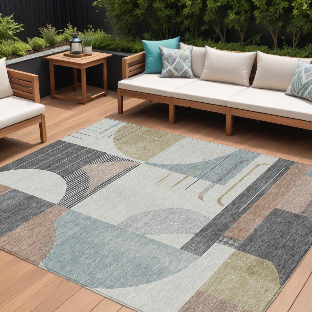 9' X 12' Rust Gray And Ivory Geometric Washable Indoor Outdoor Area Rug