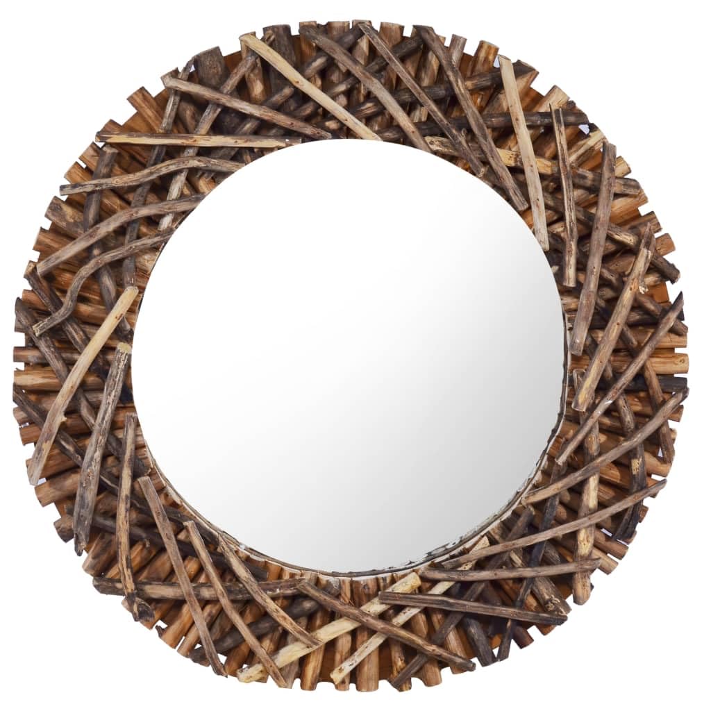 vidaXL Wall Mirror 23.6&quot; Round Teak Wood, Handwoven Tree Branches Frame, Rustic Farmhouse Style, Steady Wall-Mounted Dresser, Perfect for Home Decor.