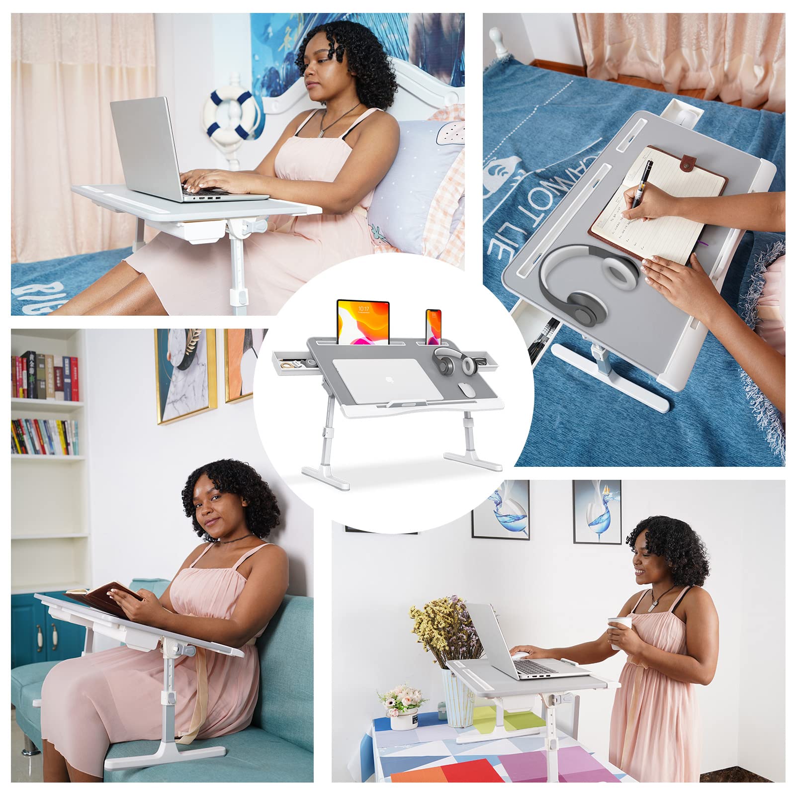 Foldable Laptop Bed Tray Desk With Extral Drawstring Bag, Klear Adjustable Laptop Bed Table With Heights And Angles, Laptop Lap