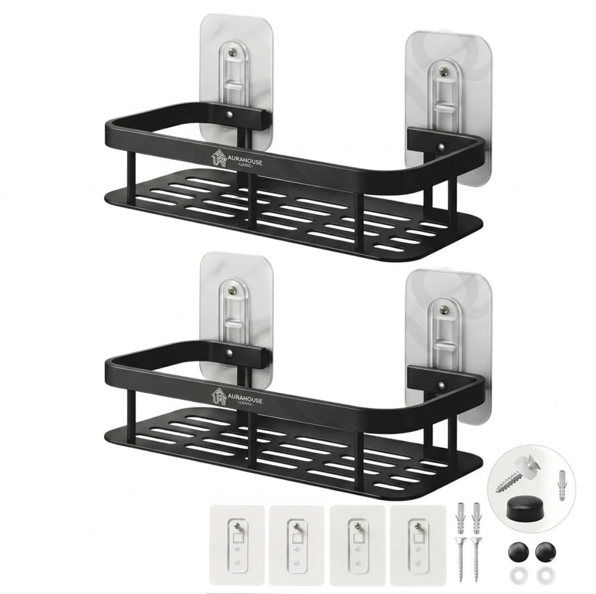 Aurahouse Living Self Adhesive Bathroom Shelf Rack,Black,Wall Mounted,No Drilling,2 Pack Organiser Without Drill|Multipurpose Fo