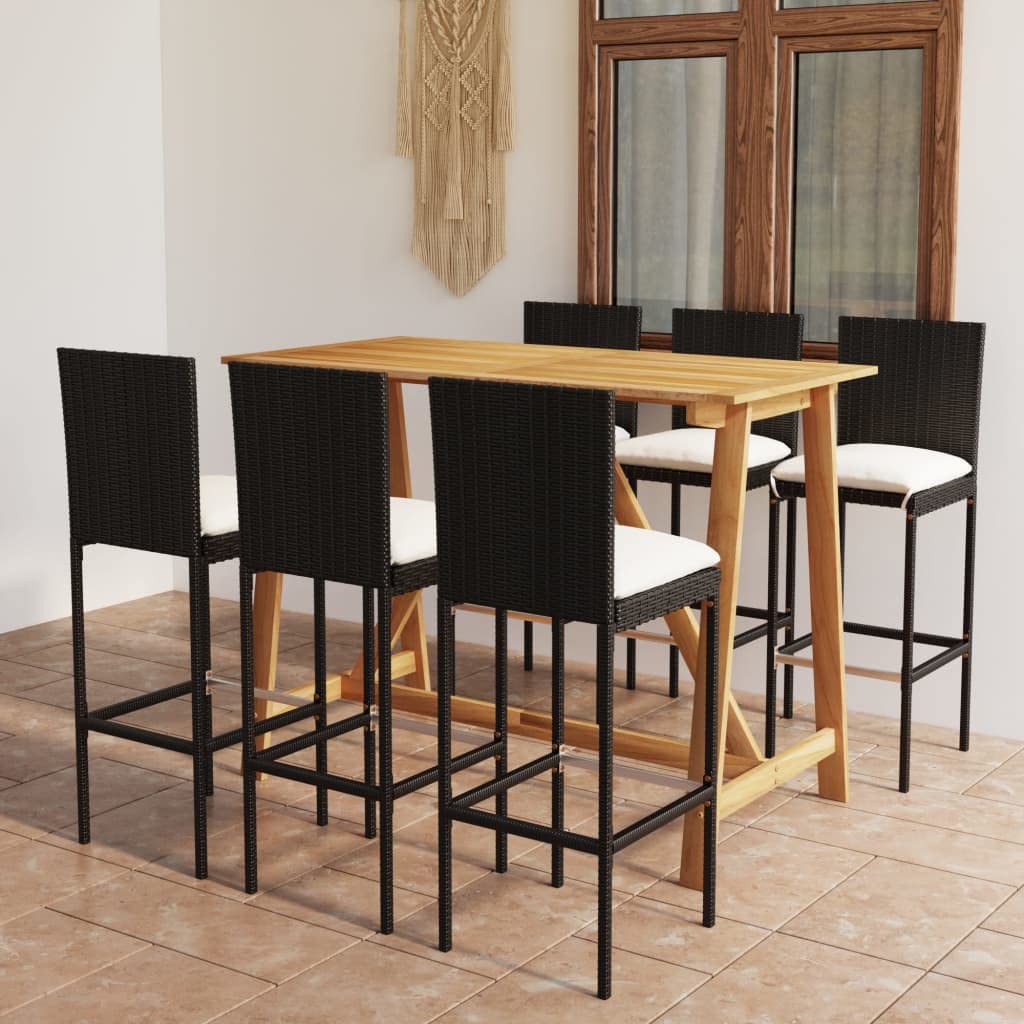 vidaXL Patio Bar Set 7-Piece with Cushions - Black Poly Rattan, Acacia Wood Table, Outdoor/Indoor Lounge Seating