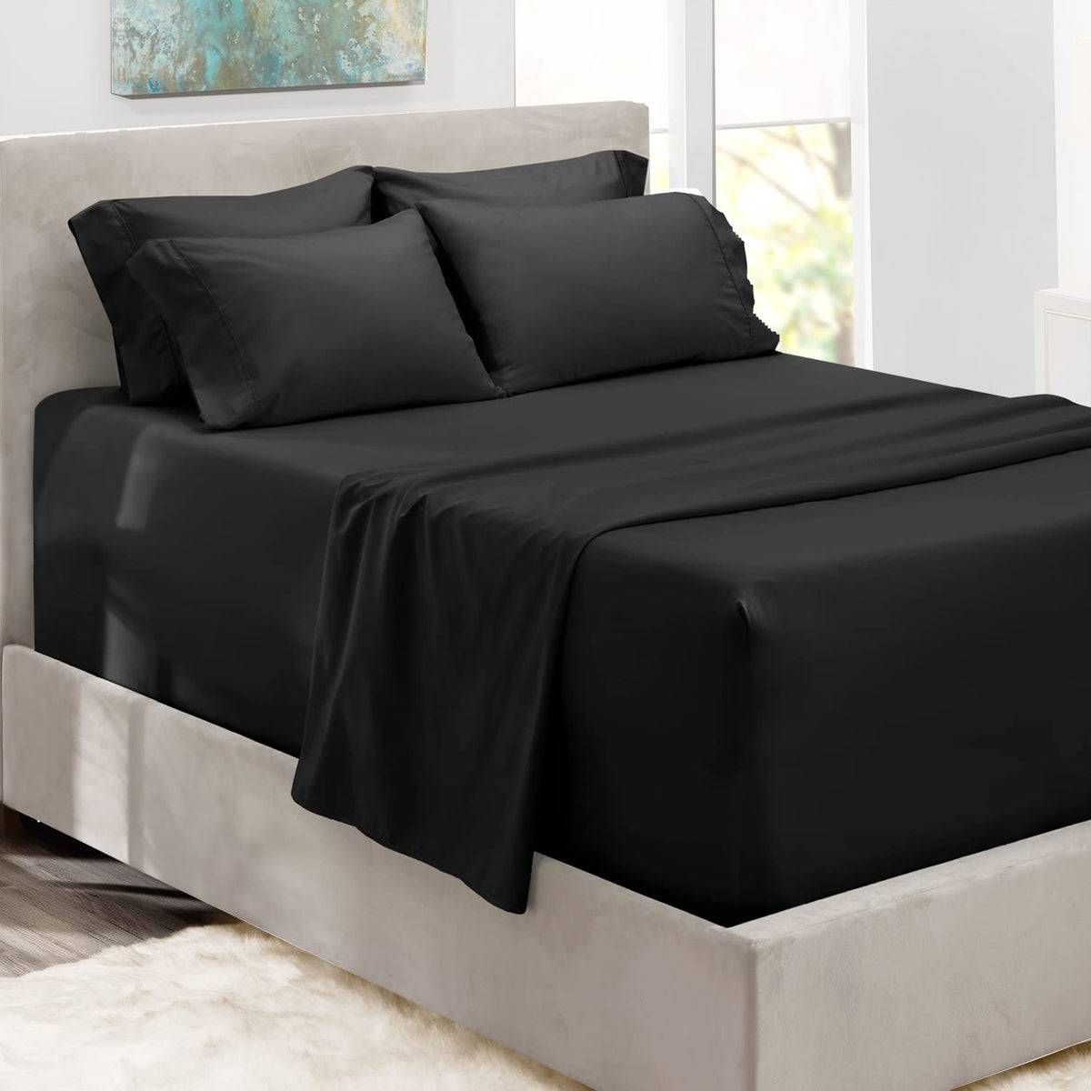 Hearth & Harbor Extra Deep Pocket Queen Sheet Set - Fits Mattresses Up To 24 Inches Deep - 6 Piece Black Sheets