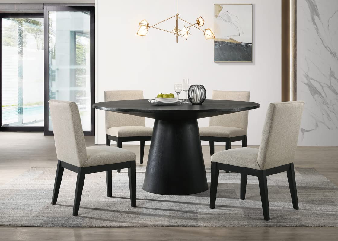 Lilola Home Jasper Ebony Black 5 Piece 59&Quot; W Contemporary Round Dining Table Set With Beige Fabric Chairs