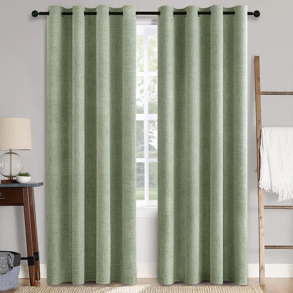 Miulee Linen Texture Curtains For Bedroom Solid 100% Blackout Thermal Insulated Sage Green Curtains Grommet Room Darkening Curta