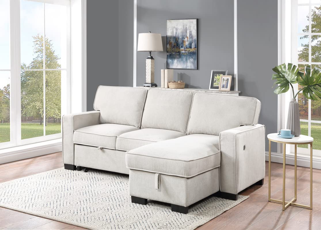 Lilola Home Estelle 86.5&Quot; Beige Fabric Reversible Sleeper Sectional With Storage Chaise Drop-Down Table 2 Cup Holders And 2Usb Ports