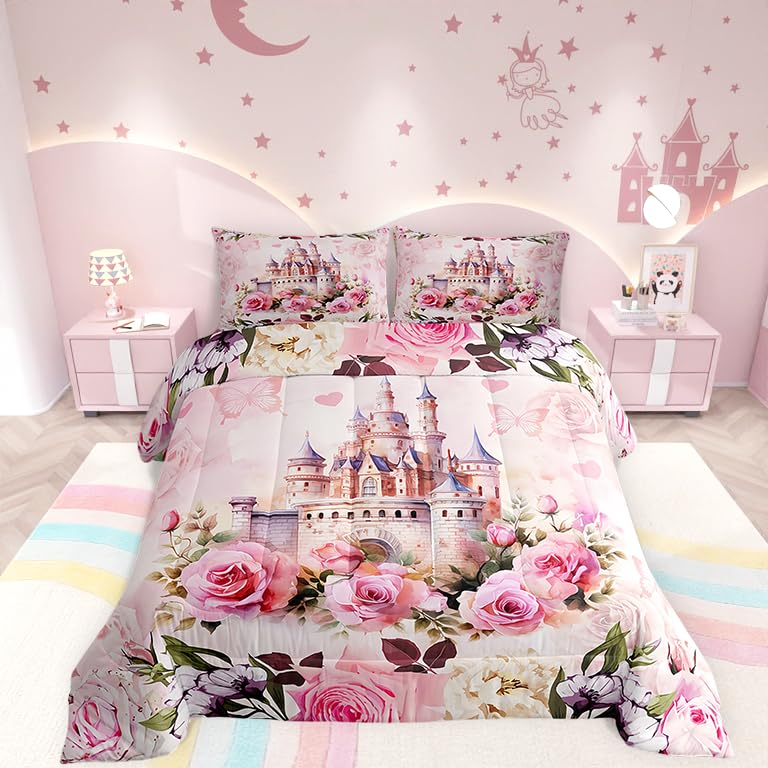 Manfei Girls Castle Comforter Set Dreamy Princess Castle Bedding Set Pink Rose Flowers Bedding Home Decor Butterfly Floral Comfo
