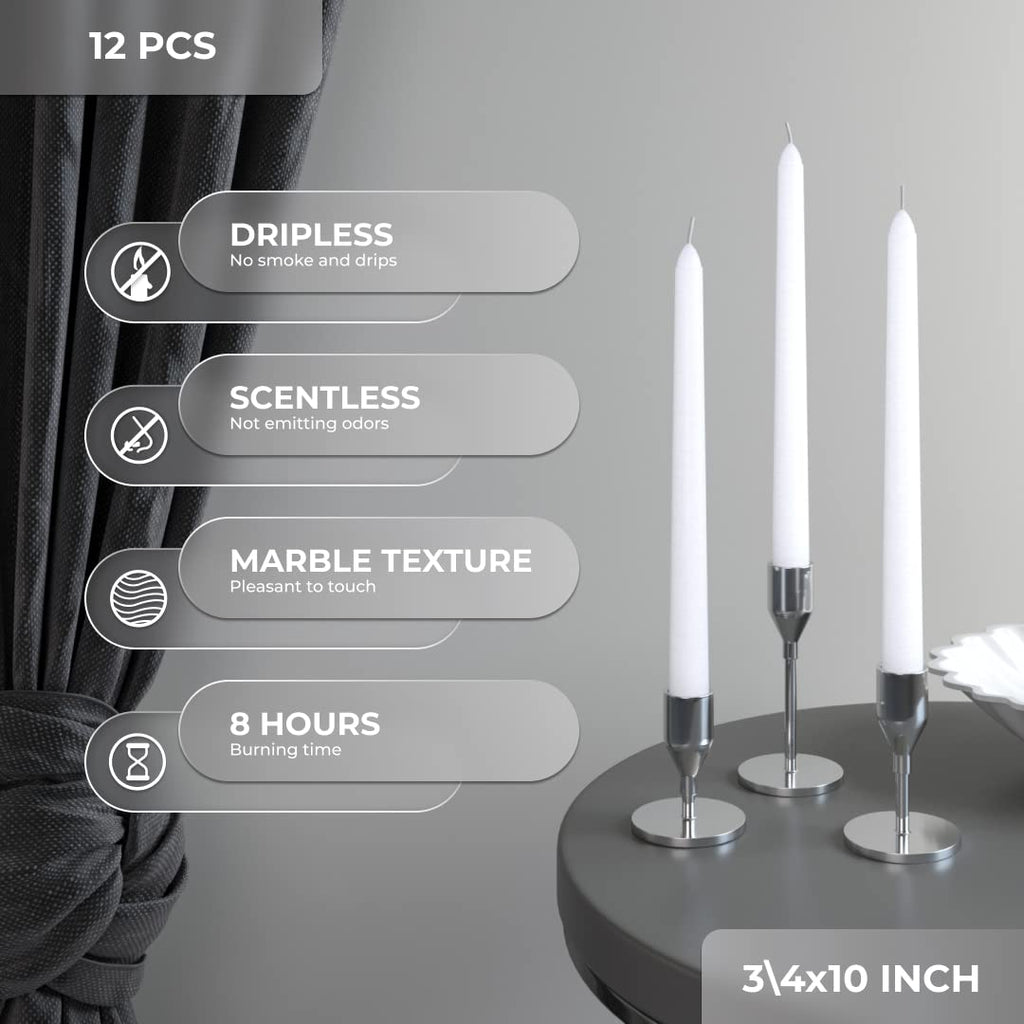 Candwax White Taper Candles 10 Inch Dripless - Set Of 12 Tapered Candles Ideal As Shabbat Candles Or Dinner Candles - Smokeless