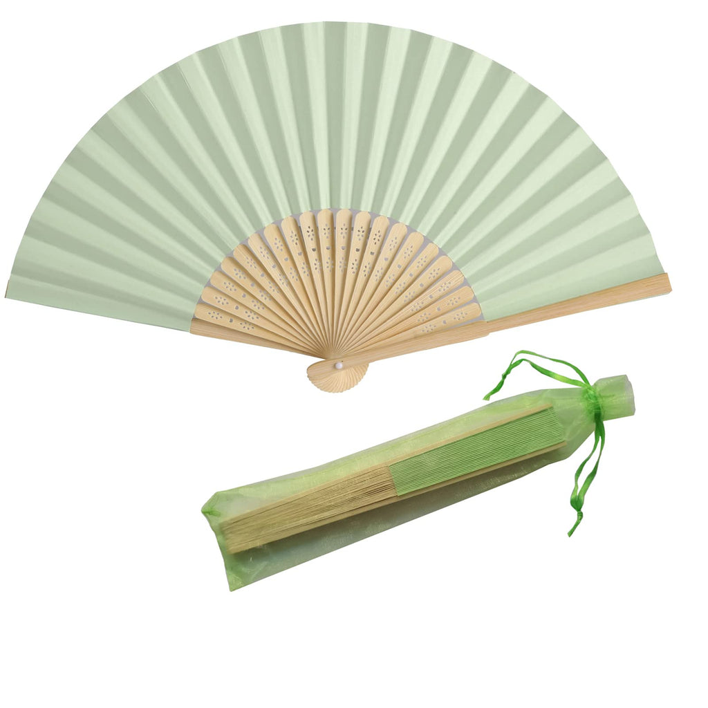 SL crafts 50pcs Paper Hand Fan with Organza Bags Bamboo Handheld Folding Fan Decorative Paper Fan Wedding Party Favors (Light Gr