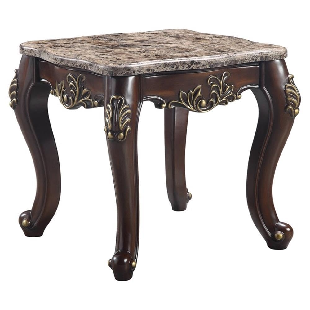 Acme Ragnar Wooden Square End Table in Brown Marble Top and Cherry