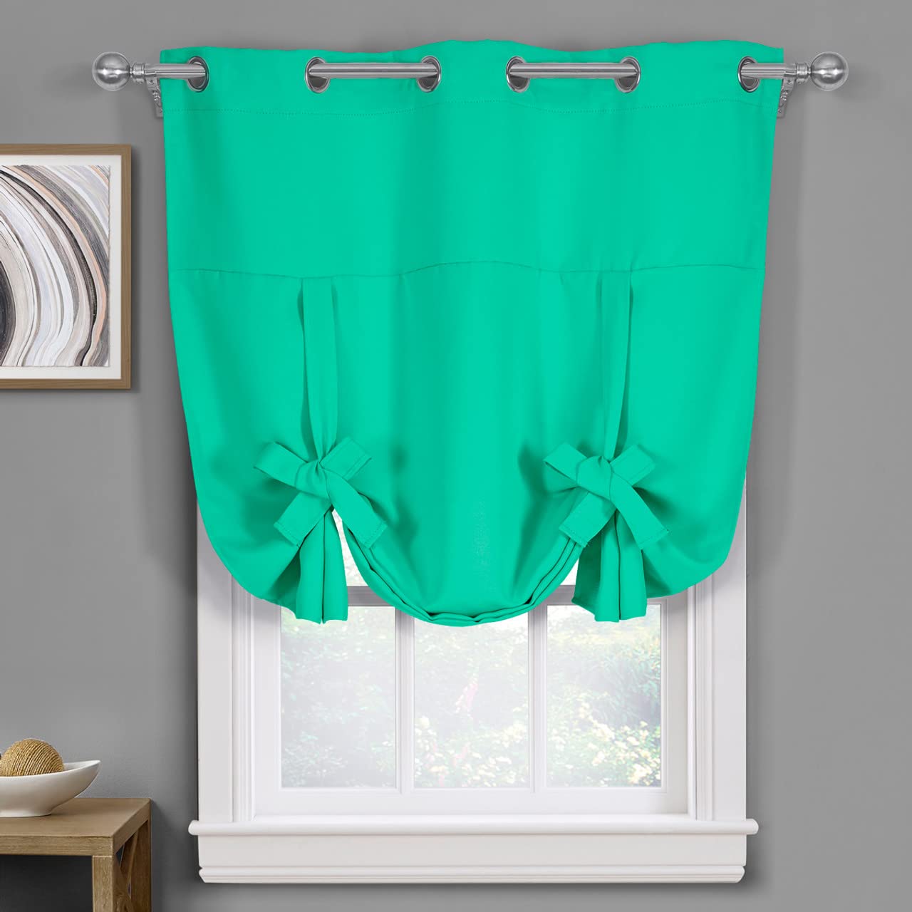 Royal Bedding Ava Turquoise Tie Up Curtain, Top Grommet Blackout, Triple Weave Blackout Window Curtain Panel, Tie Up Shade, Sing