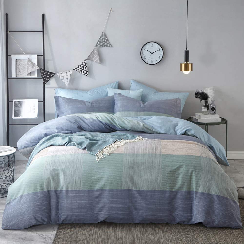 VM VOUGEMARKET Blue Patchwork Duvet Cover Set Queen Multi-Dimensional Design Modern Bedding Set Plaid Mint Green with Stripes So