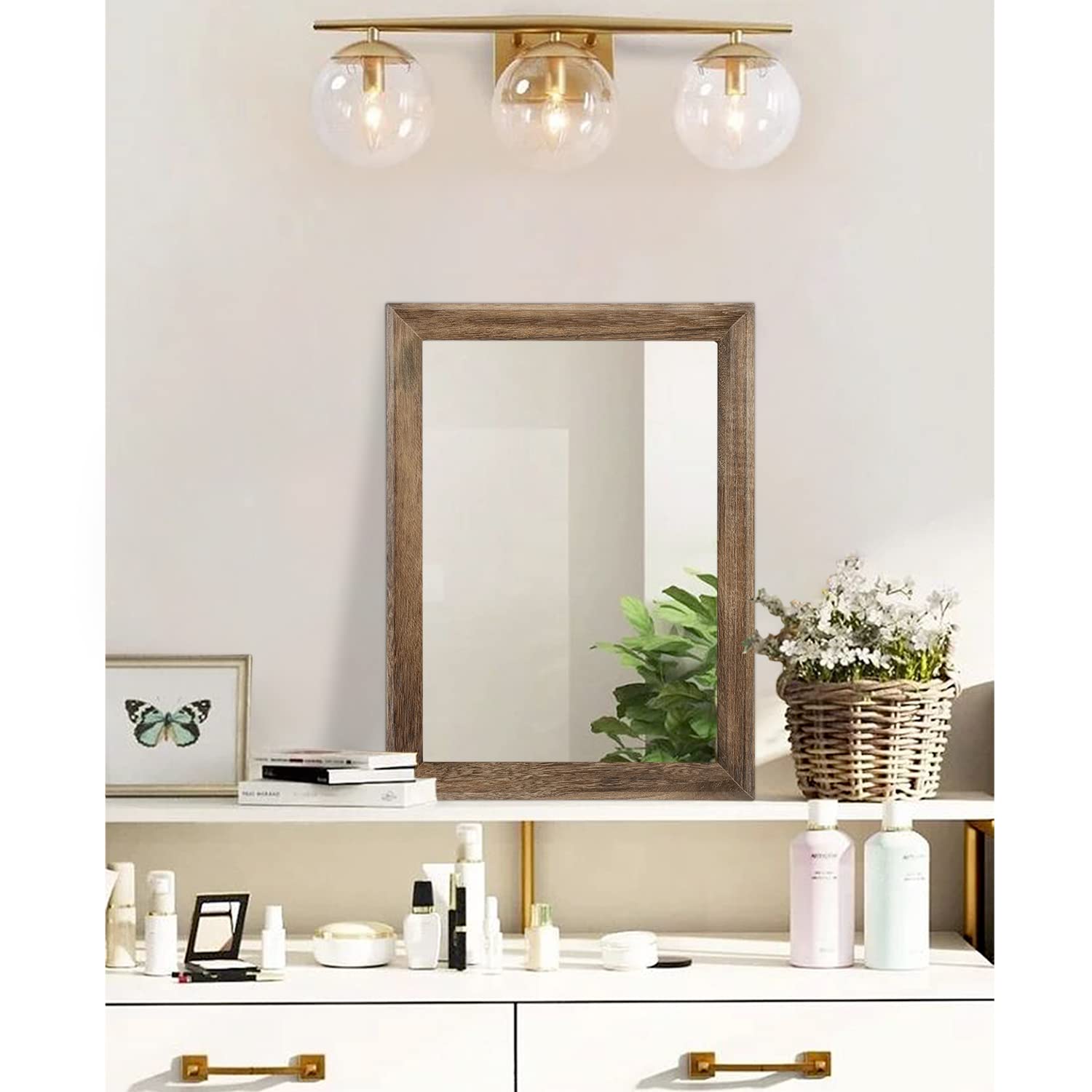 Aazzkang Rustic Wood Mirror Rectangle Decorative Wall Mirror With Frame Bedroom Living Room Bathroom Hanging Mirror Brown