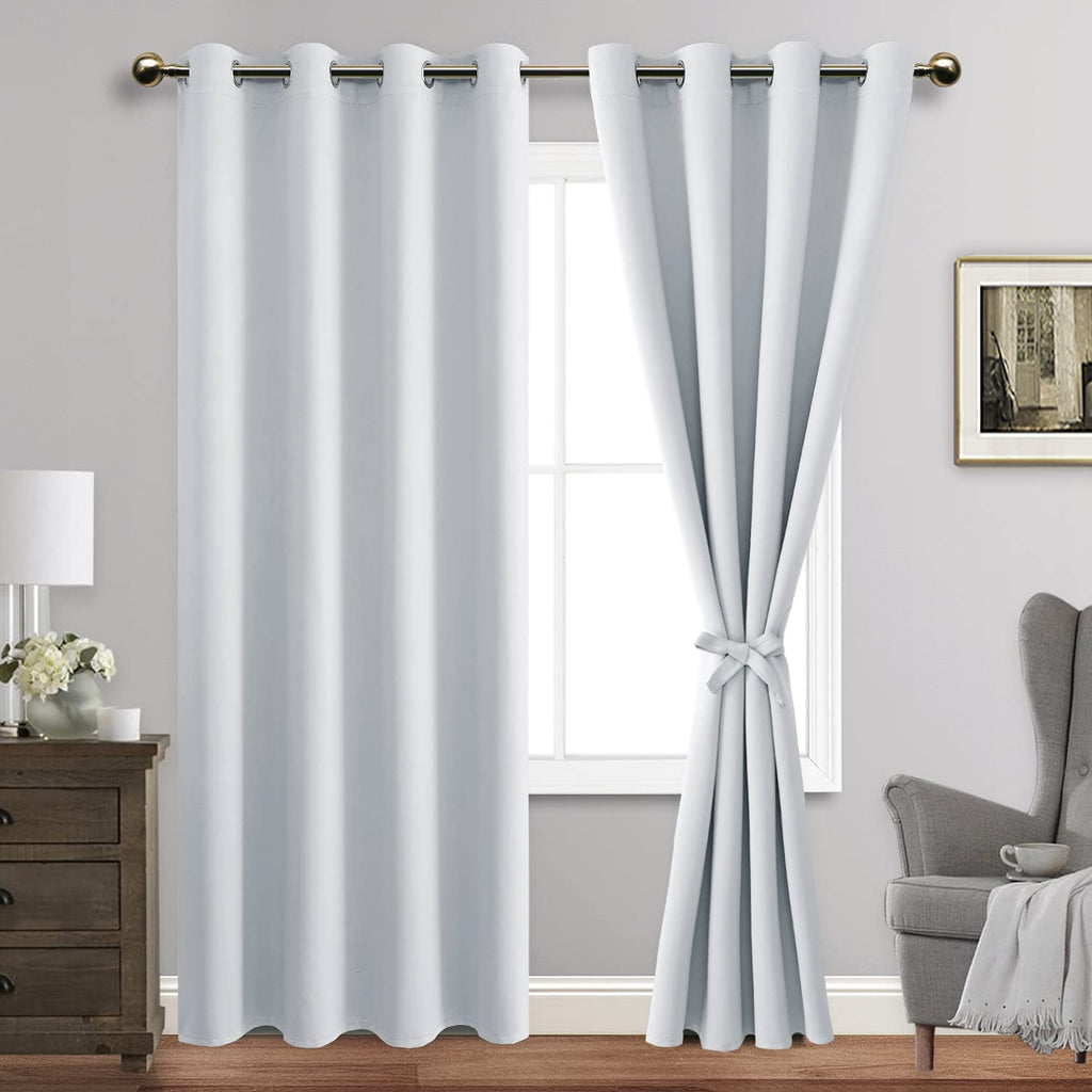 Jiuzhen Greyish White Blackout Curtains With Tiebacks Thermal Insulated, Light Blocking And Noise Reducing Grommet Curtains For And Living Room, Set Of 2 Window Curtain Panels, 70 X 84 Inch Length