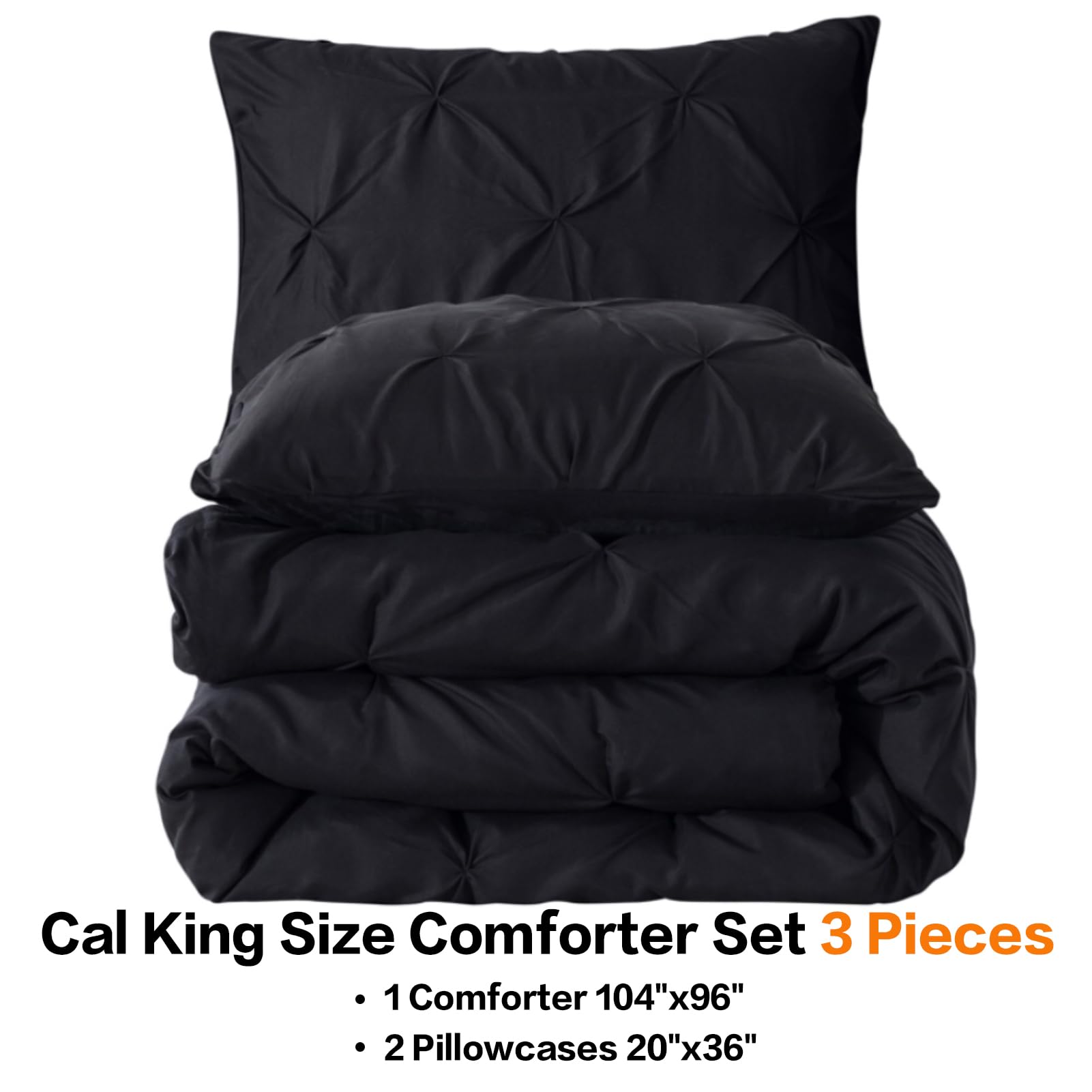 Andency California King Comforter Set Black (104X96Inch), Pinch Pleat Cal King Comforter Set 3 Pieces, Oversized King Pintuck Bed Comforter, Microfiber Down Alternative Comforter Bedding Set