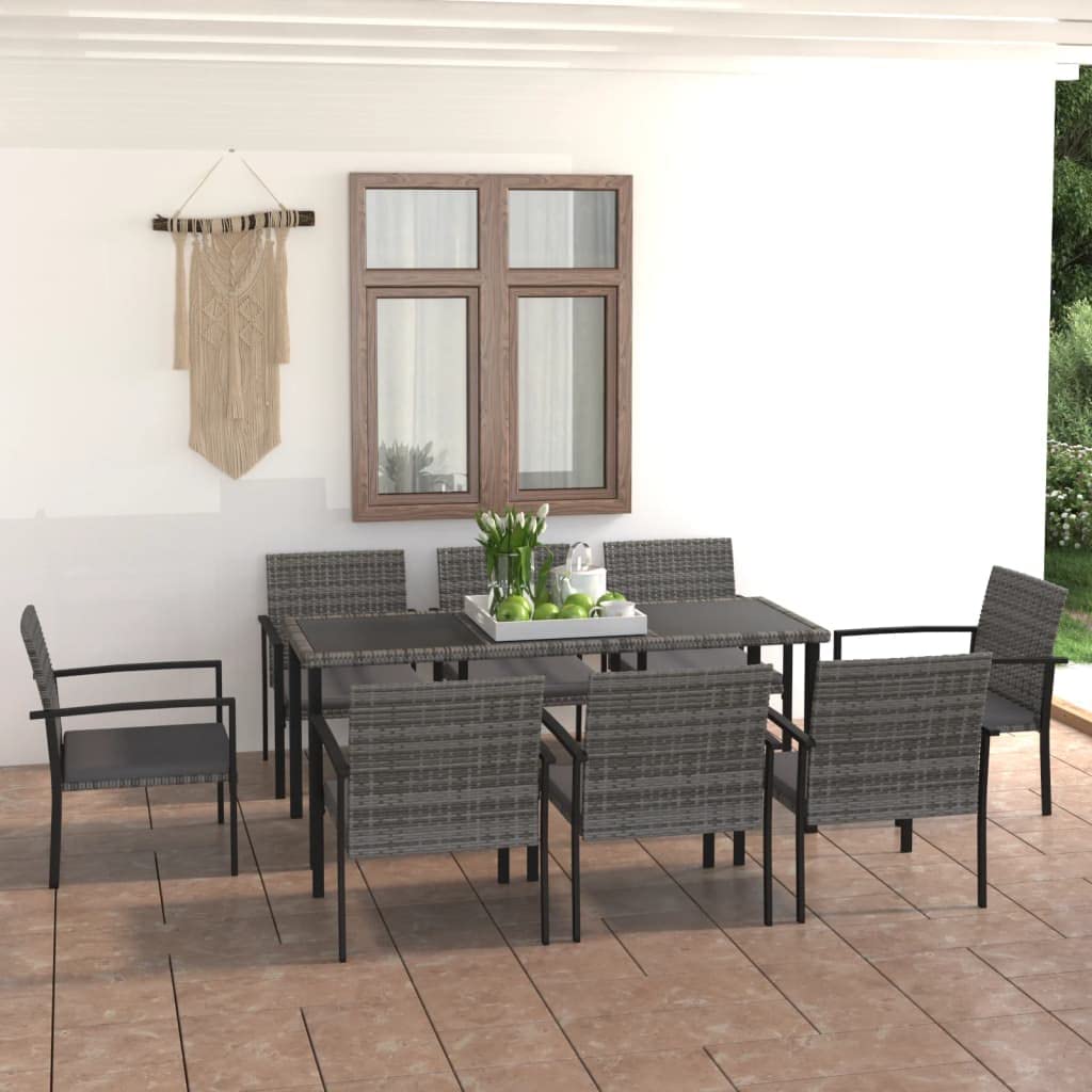 vidaXL 9-Piece Patio Dining Set - Gray Poly Rattan Outdoor Furniture with Powder-Coated Steel Frame, Weather-Resistant, Easy to Clean, Cushioned Chairs