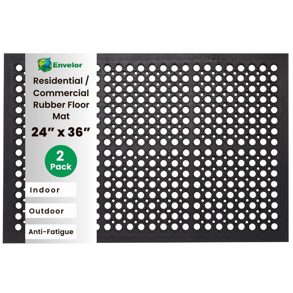 Envelor 2-Pack Anti Fatigue Rubber Floor Mat Non-Slip Restaurant Mat For Floors Bar Mat Drainage Mat Doormat Door Mat Utility Garage Floor Mat Home Mat Anti Slip Entry Mat 24 X 36 Inches