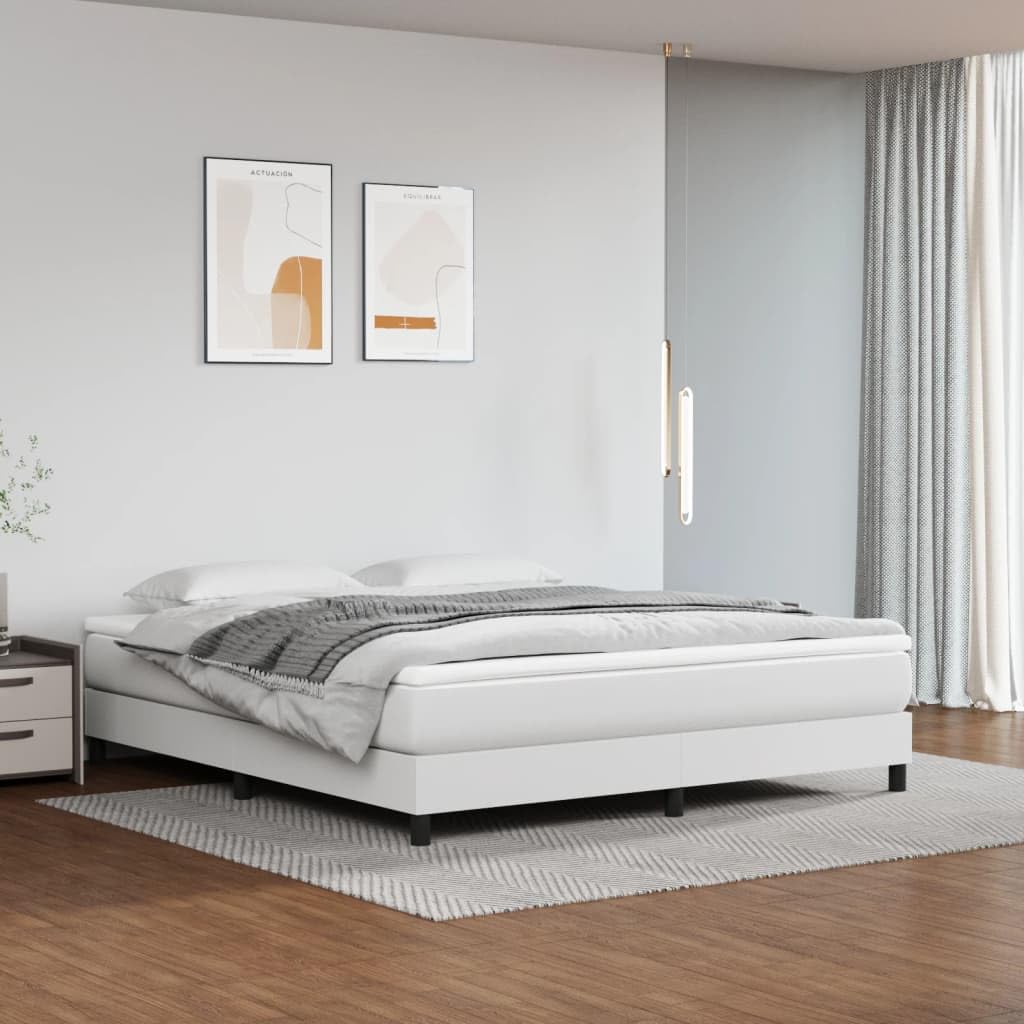 vidaXL Box Spring King Bed Frame in Faux Leather, White, Sturdy Construction, 76&quot;x79.9&quot; Compatible