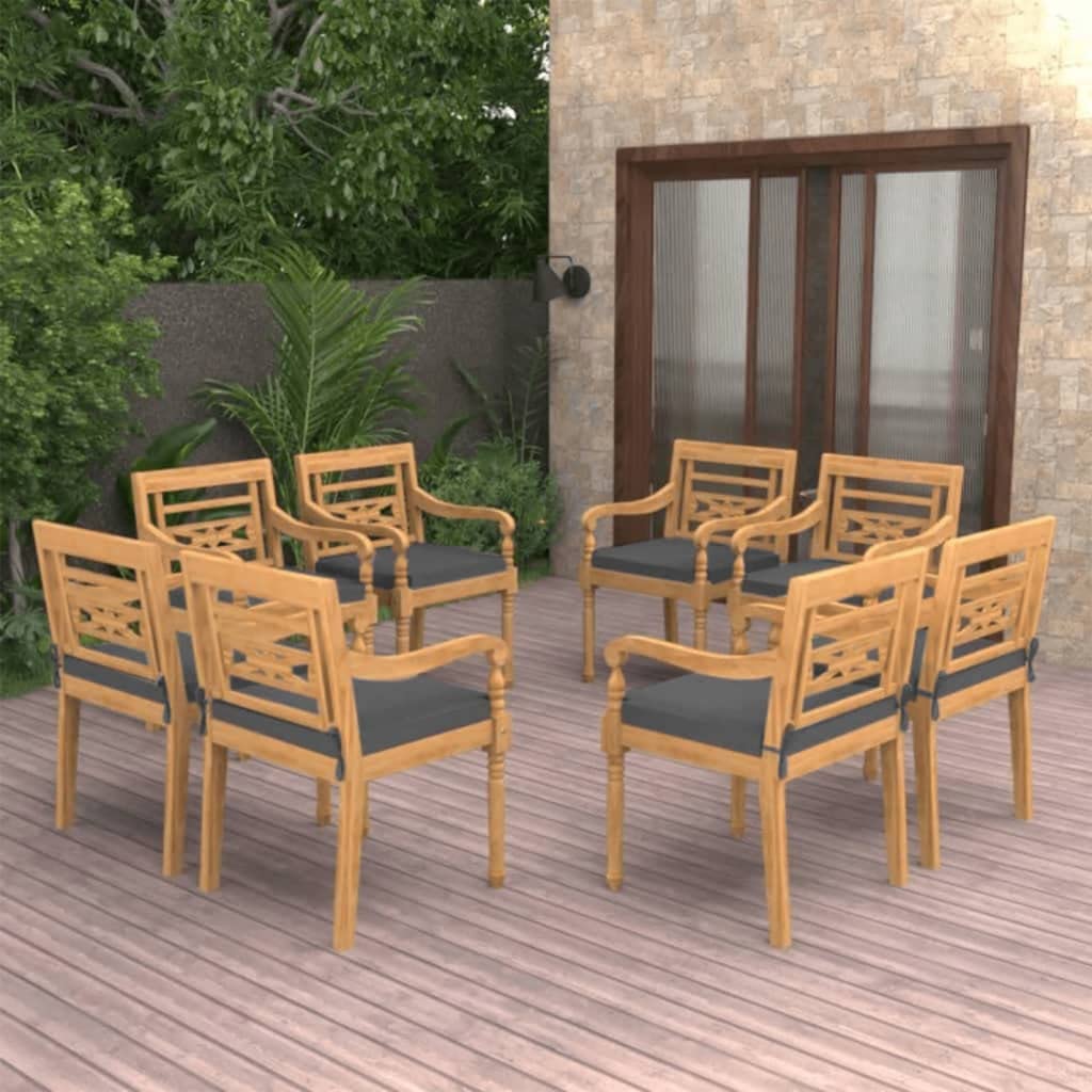 vidaXL Outdoor Patio Solid Teak Wood Batavia Chairs with Cushions - Retro Style Garden Furniture - Set of 8