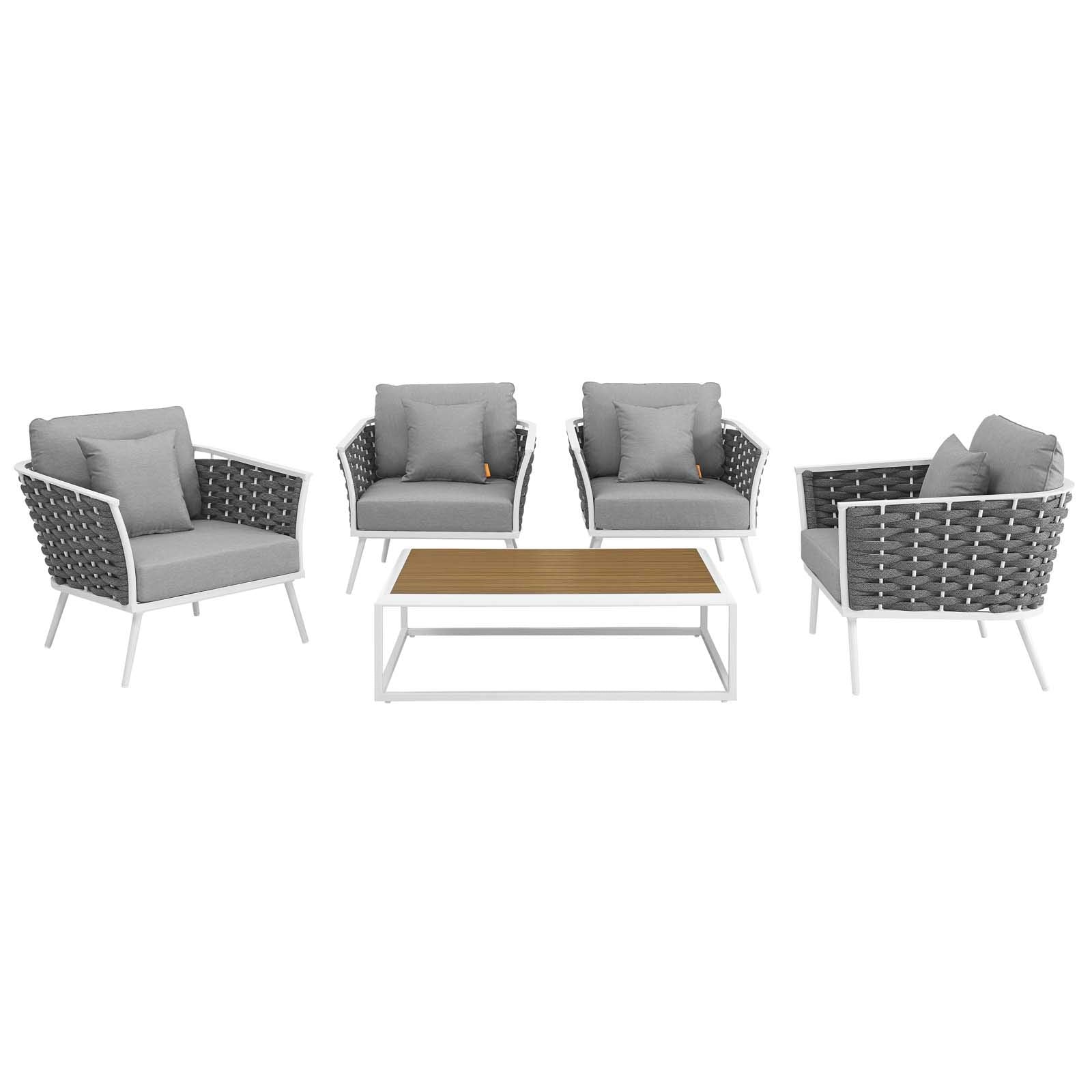 Modway Stance 5 Piece Outdoor Patio Aluminum Sectional Sofa Set In White Gray, Sips For Four