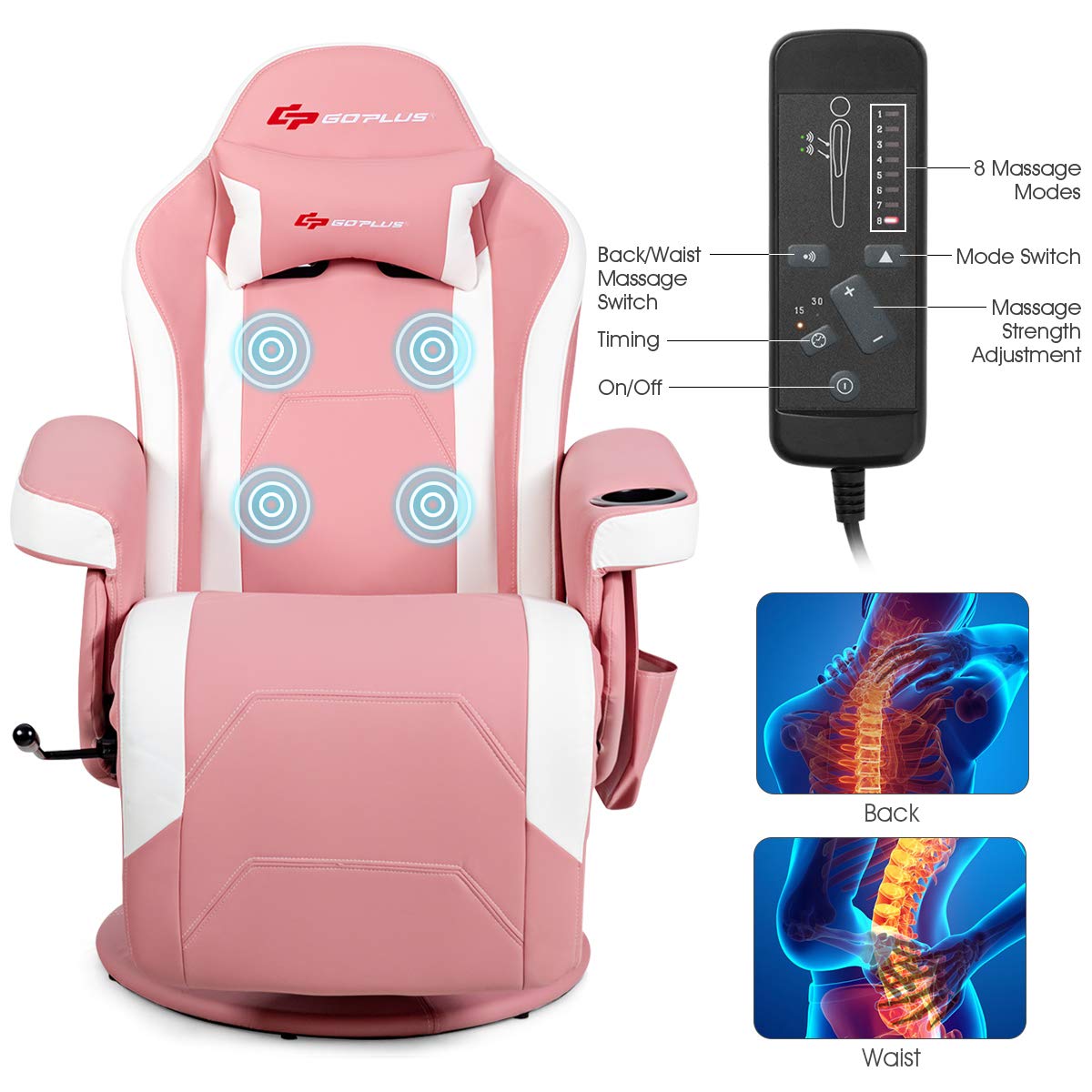 Goplus Massage Gaming Chair, Racing Style Gaming Recliner W/Adjustable Backrest And Footrest, Ergonomic High Back Pu Leather Computer Office Chair Swivel Game Chair W/Cup Holder And Side Pouch (Pink)