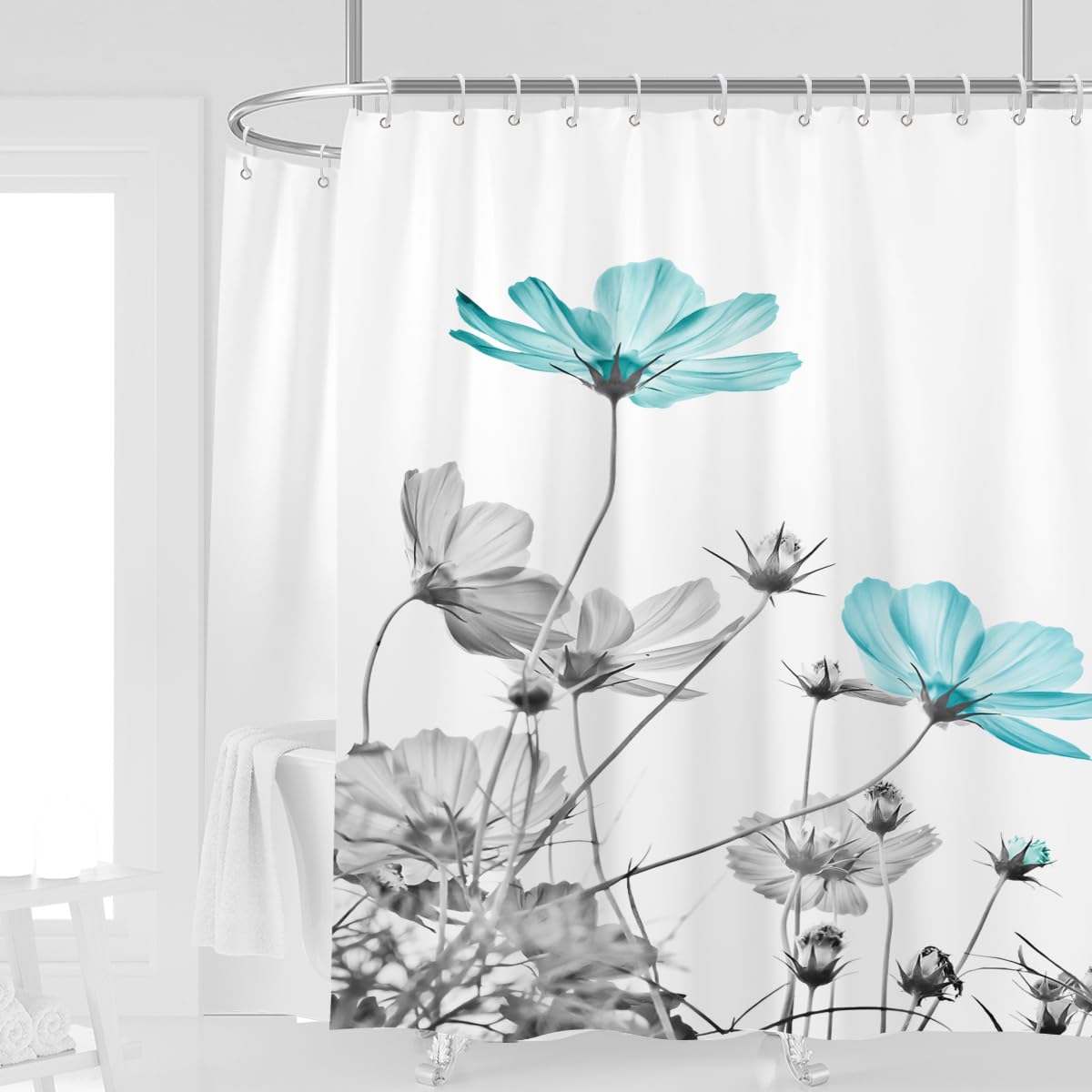 Kikiry Extra Wide Shower Curtain All Around Tub 180W x 70L Teal Gray Floral Daisy Flower Grey Cute Wildflower Botanical Bath