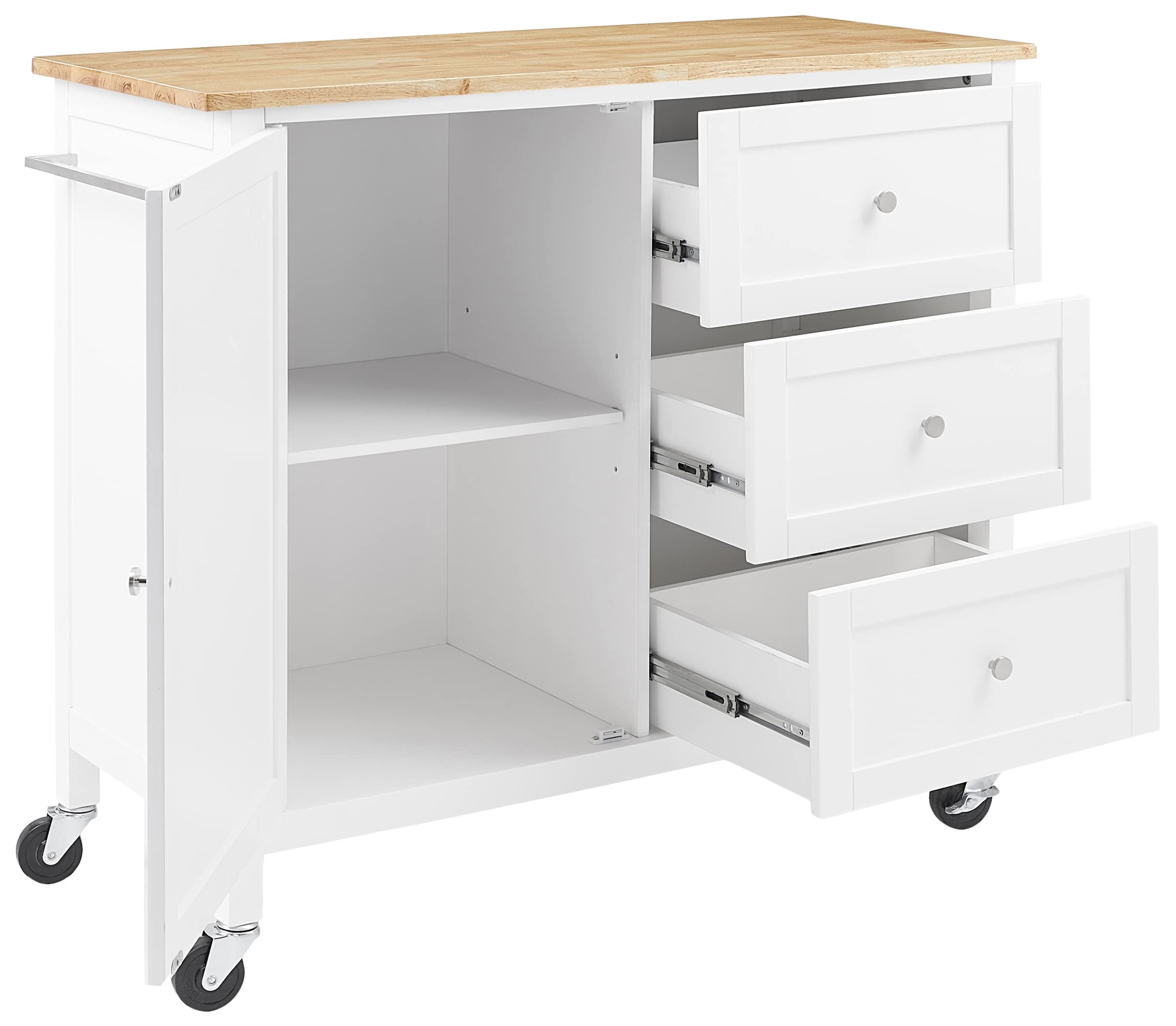 Crosley Furniture Soren Wood Top Rolling Kitchen Island Cart, Microwave Stand, Coffee Bar, With Shelves, White