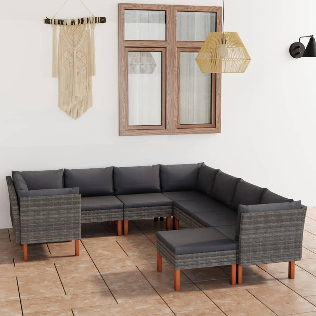 vidaXL 9 Piece Outdoor Lounge Set - Poly Rattan Construction with Eucalyptus Wood Legs - Includes Corner Sofas, Middle Sofas and Footrest - Cushions Included - Gray