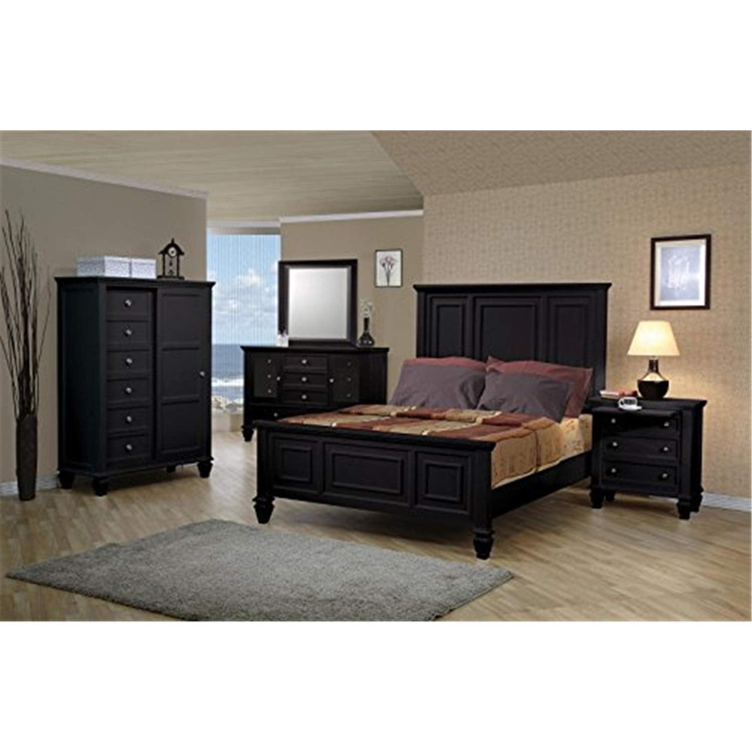 Coaster Home Furnishings Sandy Beach Coastal 5-Piece Bedroom Set Queen Size Panel Bed Frame 63-inch Headboard Black 201321Q-S5