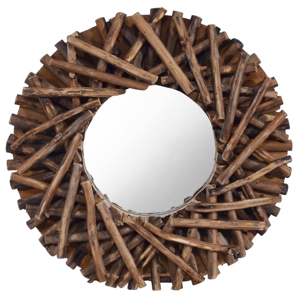 vidaXL Round Teak Wall-Mounted Mirror - 15.7", Rustic Farmhouse Natural Solid Wood Tree Branch Frame, Easy-to-Install, Great for Bathroom/Home Decor