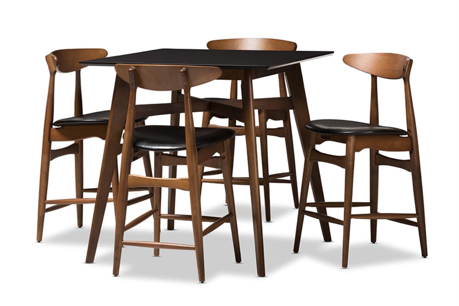 Baxton Studio Flora Mid-Century Modern Black Faux-Leather Upholstered Walnut Finished 5-Piece Pub Set Black//Medium Wood/Mid-Century/Table/Faux Leather/Rubber Wood/Foam