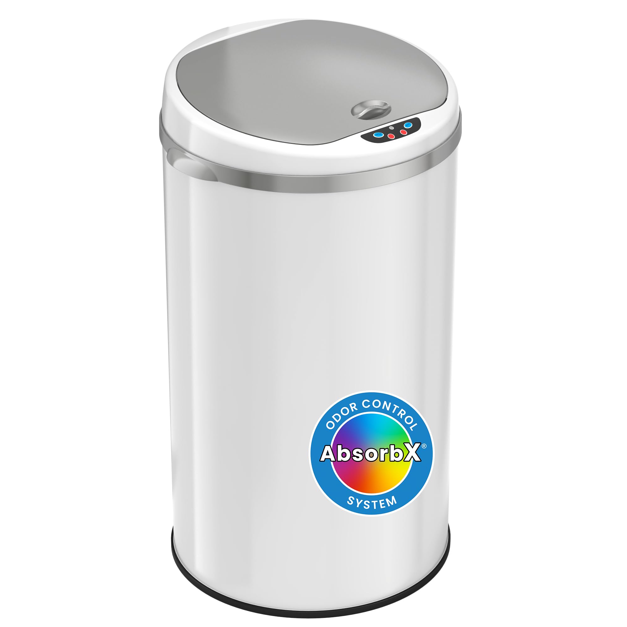 iTouchless 8 Gallon Touchless Sensor Trash Can with AbsorbX Odor Filter System, 30 Liter Round White Steel Garbage Bin, Perfect 