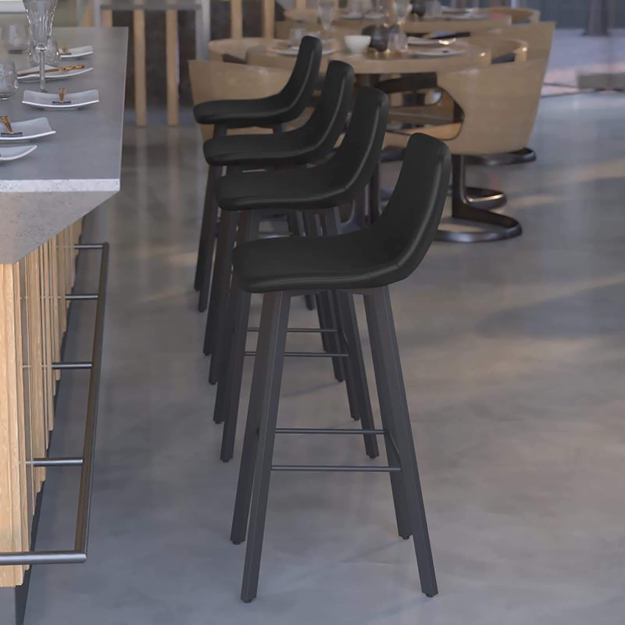 Flash Furniture Caleb Modern Commercial Barstools with Footrests - Black LeatherSoft -30 Inch - Black Matte Iron Frame - Armless - Set of 2