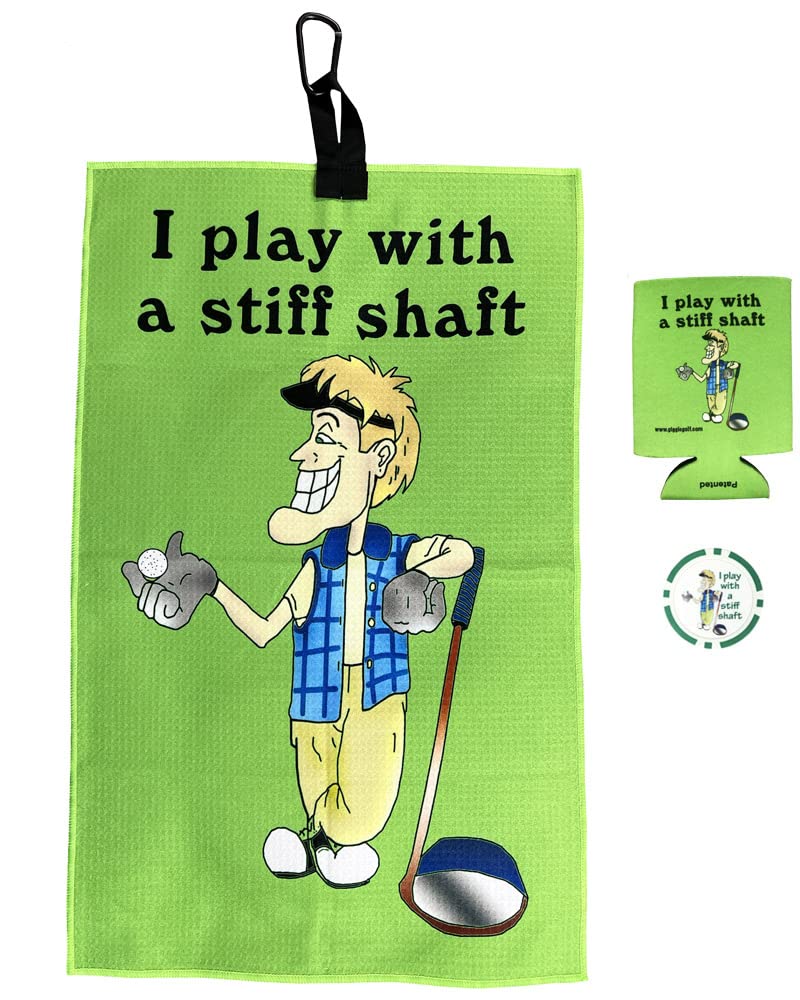 Giggle Golf I Play with A Stiff Shaft Waffle Golf Towel, Poker Chip, and Can Cooler | Funny Golf Towel