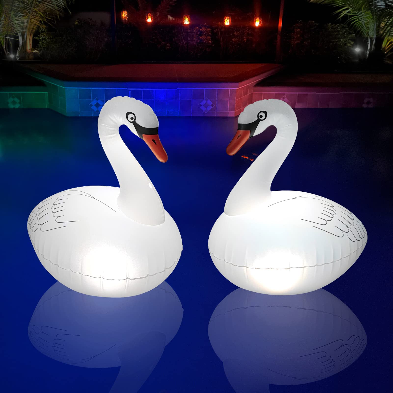 Goallim Floating Pool Lights Solar Rechargeable 2Pcs, Waterproof Inflatable Swan Pool Lights, Glow In The Dark Color Changing Le