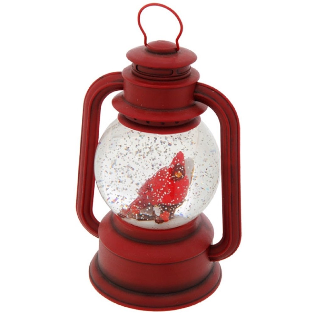 Raz Imports 9.5 Red Lighted Lantern with Cardinal Bird in Continuous Swirling Glitter Snowglobe Decor, 9.5 Inch, Battery Operate