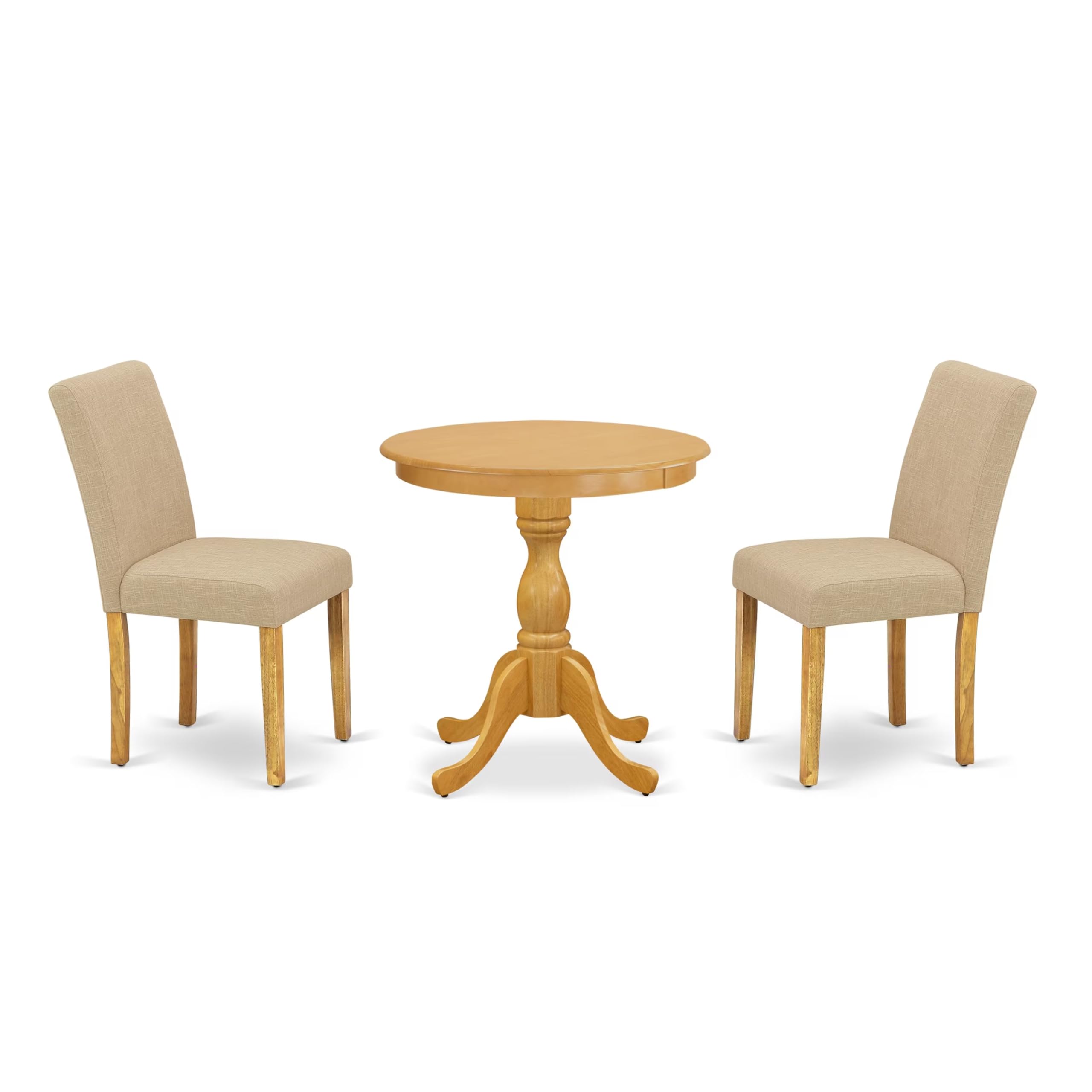 East West Furniture Esab3-Oak-04 3 Piece Dining Table Set For Small Spaces Contains A Round Wooden Table With Pedestal And 2 Light Tan Linen Fabric Parson Chairs, 30X30 Inch, Oak