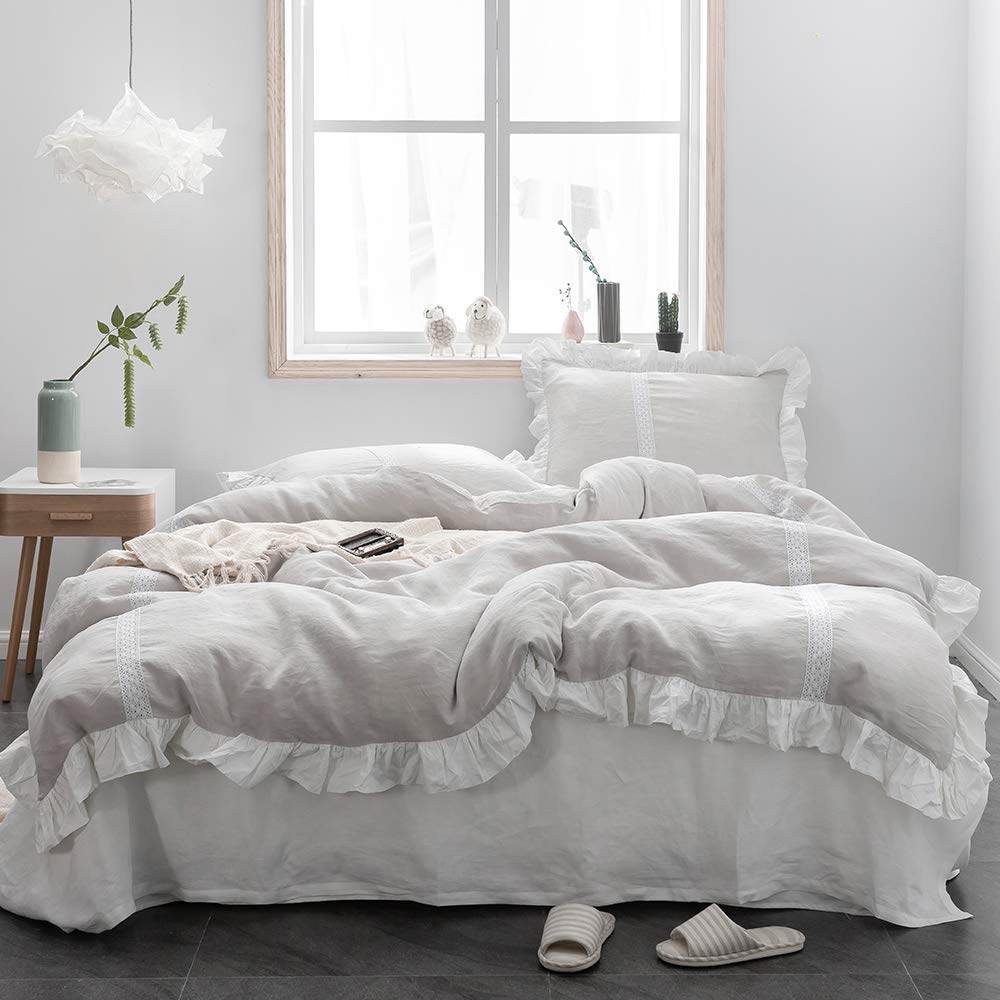 Simple&Opulence 100% Linen Frill Flax Full Size Duvet Cover Set, Shabby Chic Ruffle Edge With Lace Insert Decoration, 3 Piece Fa
