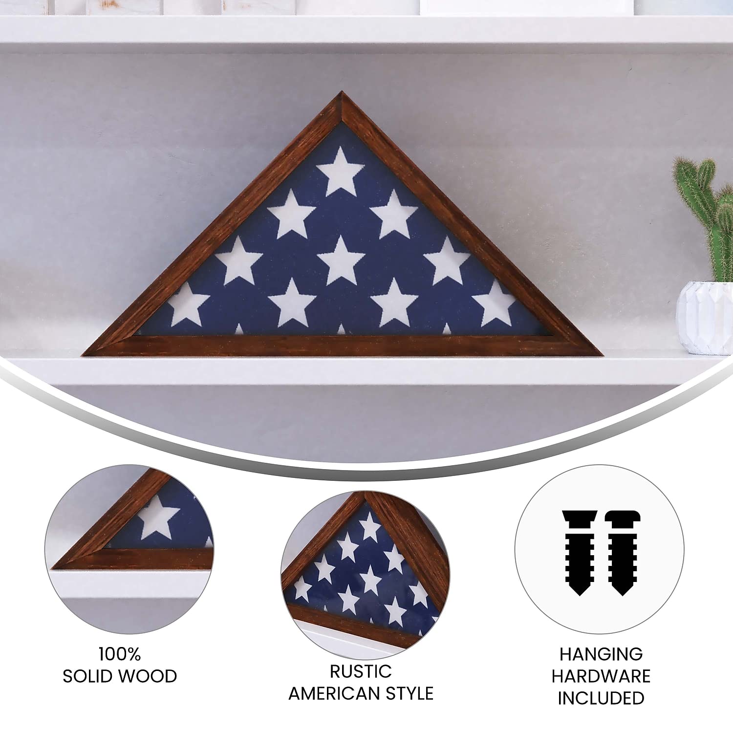 Flash Furniture Sheehan Memorial Flag Display Case - Rustic Brown Solid Wood Military Flag Display Case For 9.5 X 5 American Veteran Flag