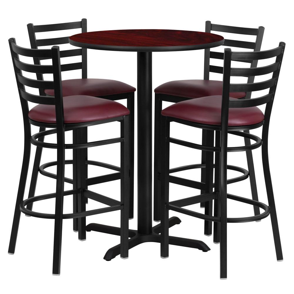 Flash Furniture 30'' Round Mahogany Laminate Table Set with X-Base and 4 Ladder Back Metal Barstools - Burgundy Vinyl Seat