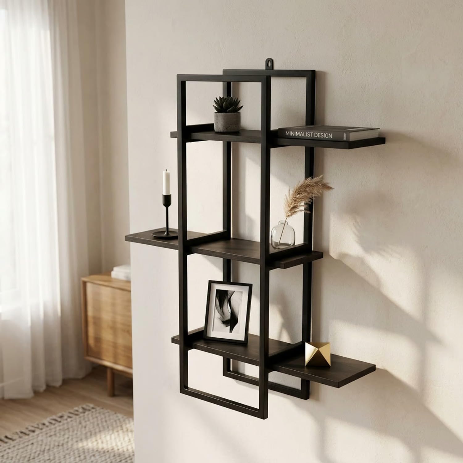 Mighty Home Floating Wall Shelf With Black Metal Frame + Wooden Shelves, Wall Mounted Shelf For Books, Plants & Decor, 3 Tier Di