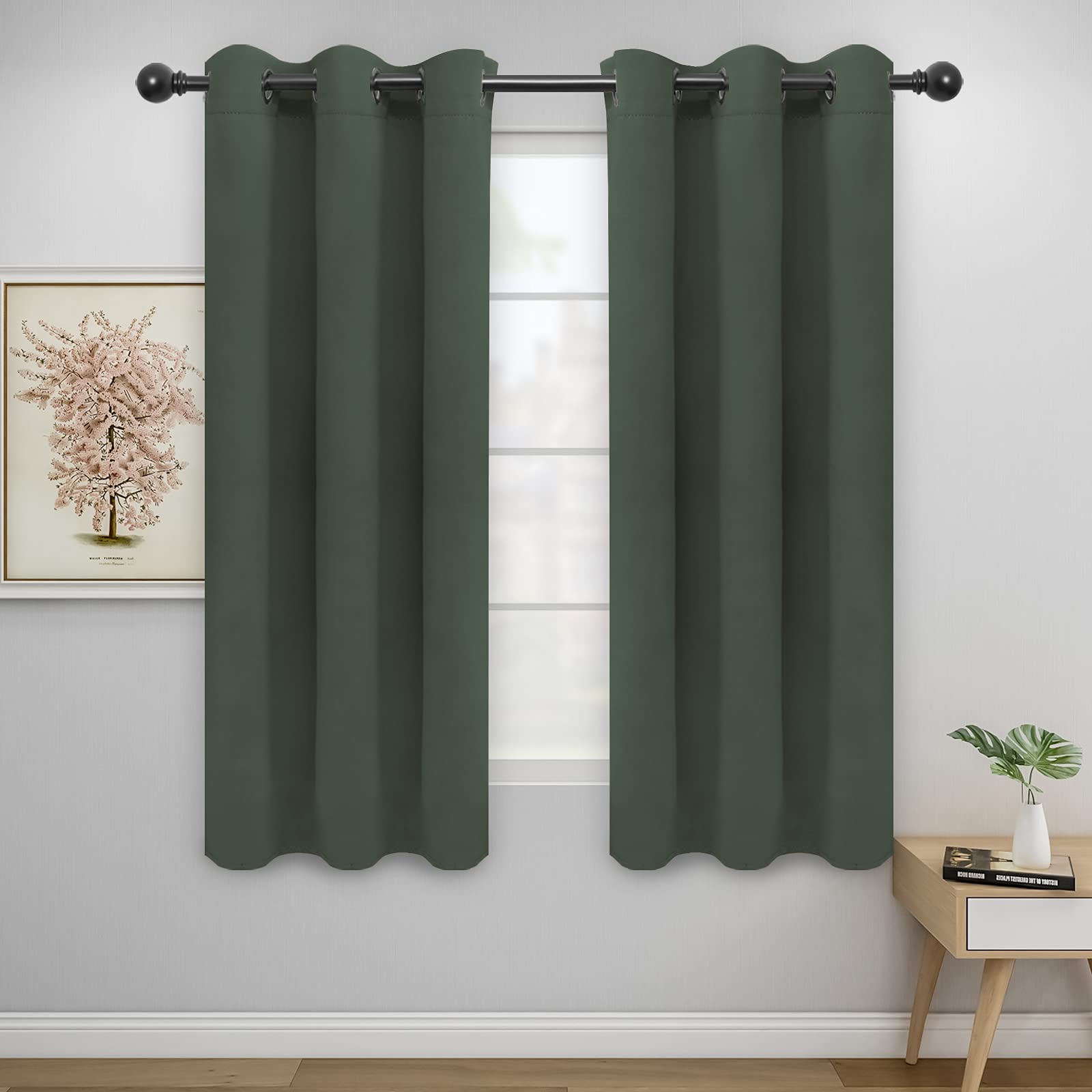 Easy-Going Blackout Curtains For Bedroom, Solid Thermal Insulated Grommet And Noise Reduction Window Drapes, Room Darkening Curtains For Living Room, 2 Panels(42X72 In, Greyish Green)